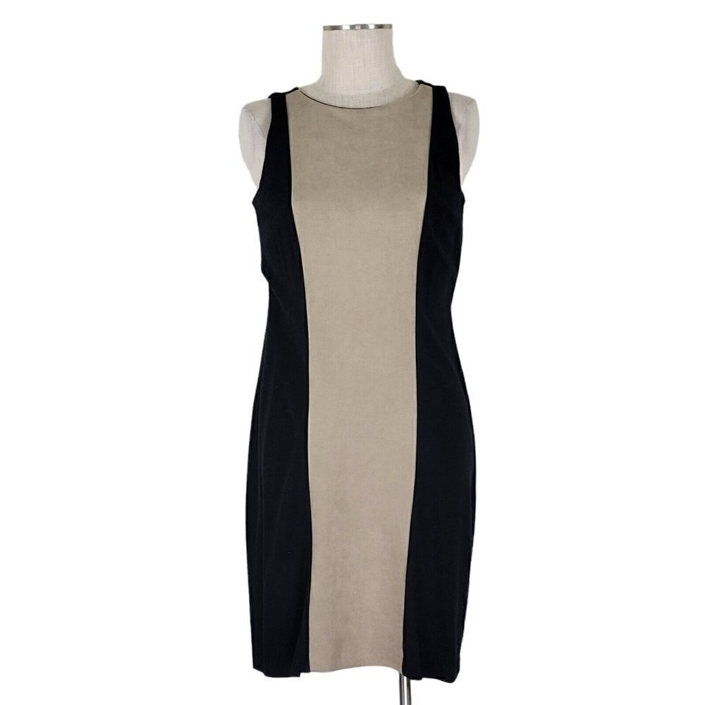 Karen Kane Dress Size M Black Ponte Knit Beige Suede Center Pullover Sleeveless